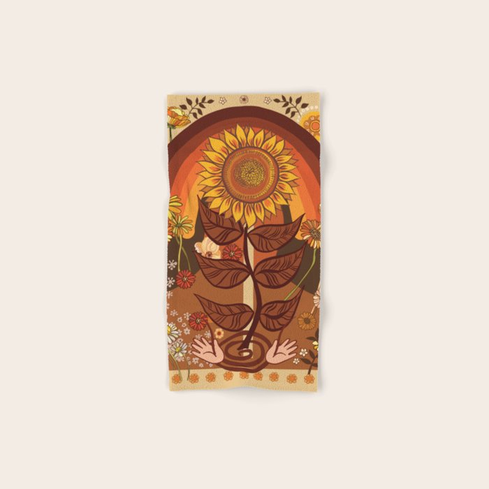 70s, Sunflower, retro, rainbow, warm colors, 60s, boho Bath Towel