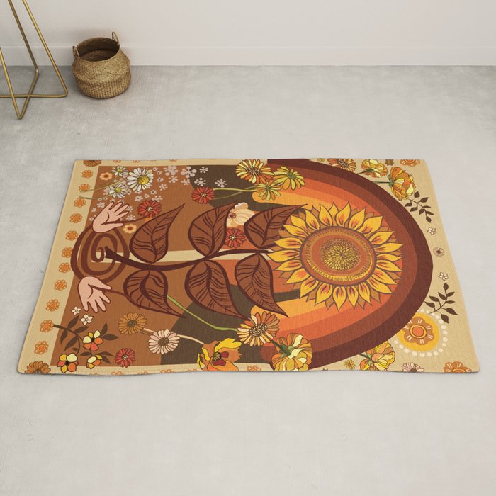 70s, Sunflower, retro, rainbow, warm colors, 60s, boho Rug