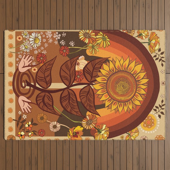 70s, Sunflower, retro, rainbow, warm colors, 60s, boho Outdoor Rug