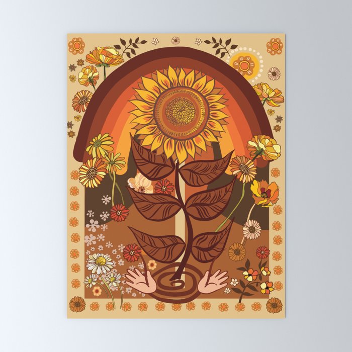 70s, Sunflower, retro, rainbow, warm colors, 60s, boho Mini Art Print