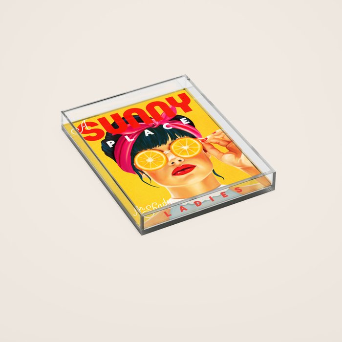 "A Sunny Place For Shady Ladies" Cool, Retro Pinup Girl With Orange Shades Acrylic Tray