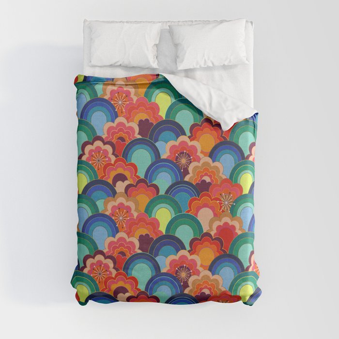 70s rainbow flowers sunset colors Duvet Cover