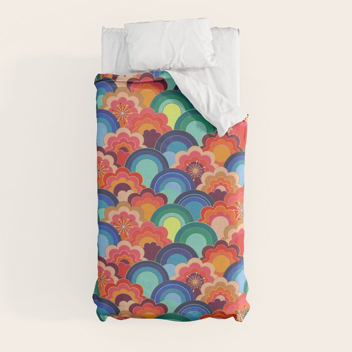 70s rainbow flowers sunset colors Duvet Cover