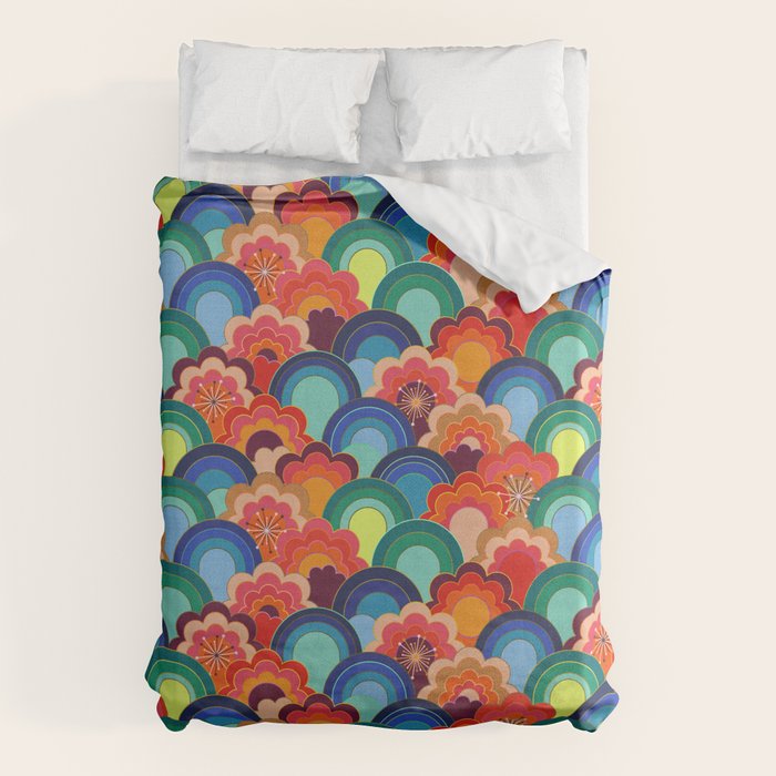 70s rainbow flowers sunset colors Duvet Cover