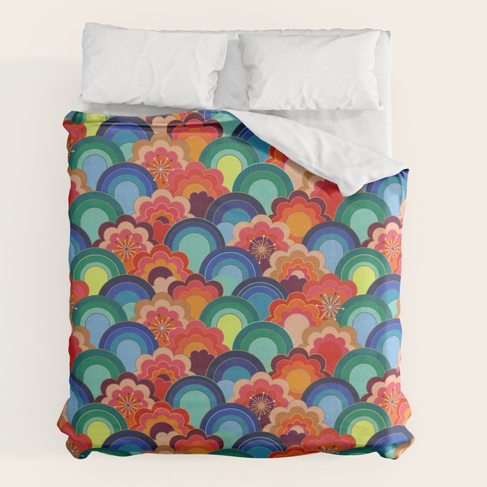 70s rainbow flowers sunset colors Duvet Cover