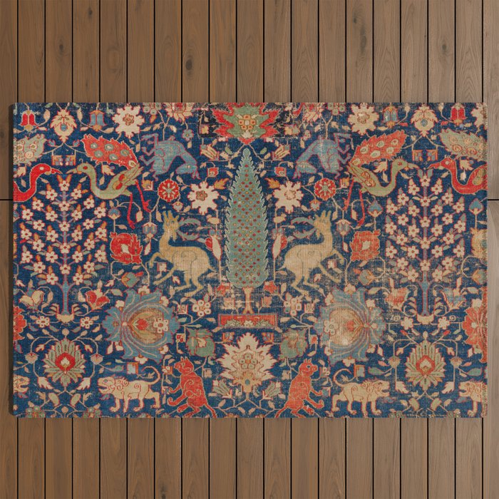 17th Century Persian Rug Print with Animals Outdoor Rug