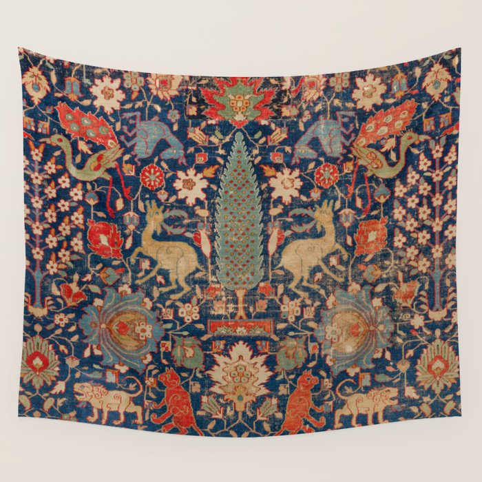 17th Century Persian Rug Print with Animals Wall Tapestry
