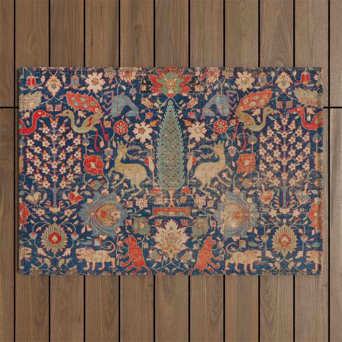 17th Century Persian Rug Print with Animals Outdoor Rug
