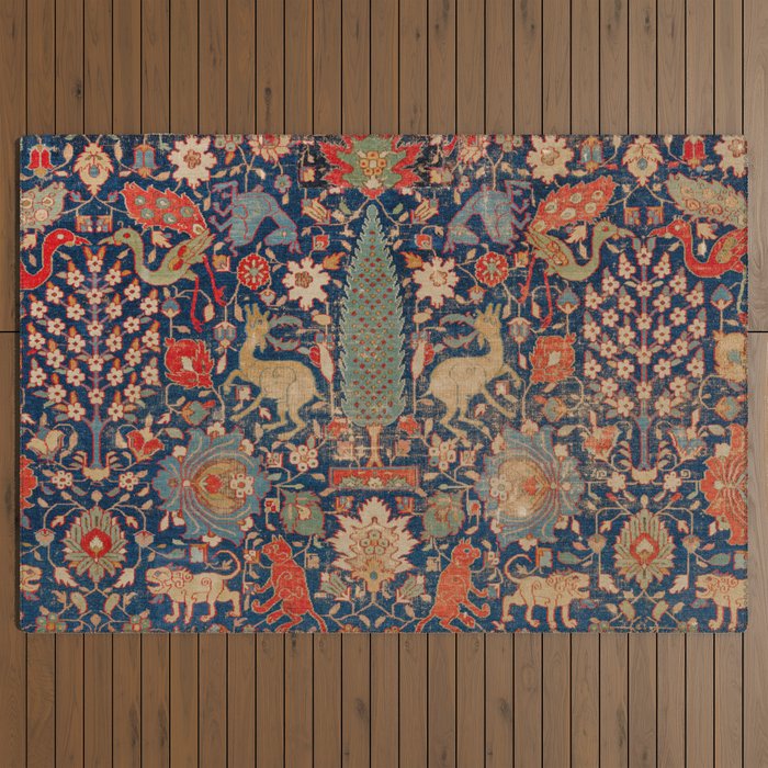 17th Century Persian Rug Print with Animals Outdoor Rug