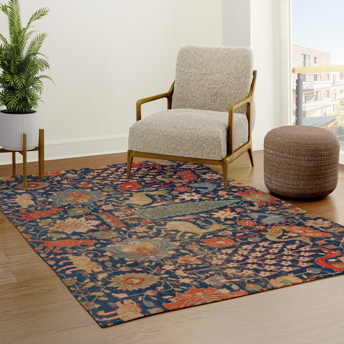17th Century Persian Rug Print with Animals Rug