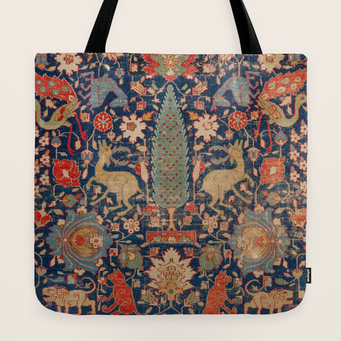 17th Century Persian Rug Print with Animals Tote Bag