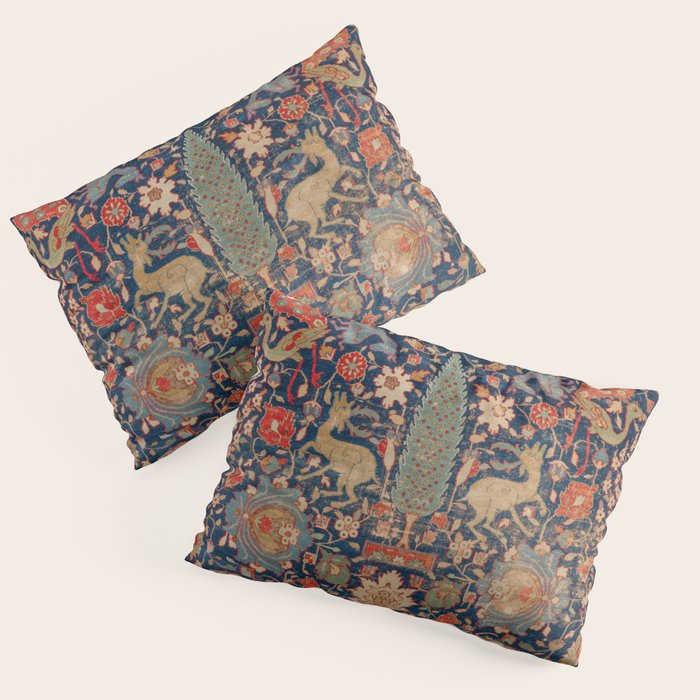 17th Century Persian Rug Print with Animals Pillow Sham