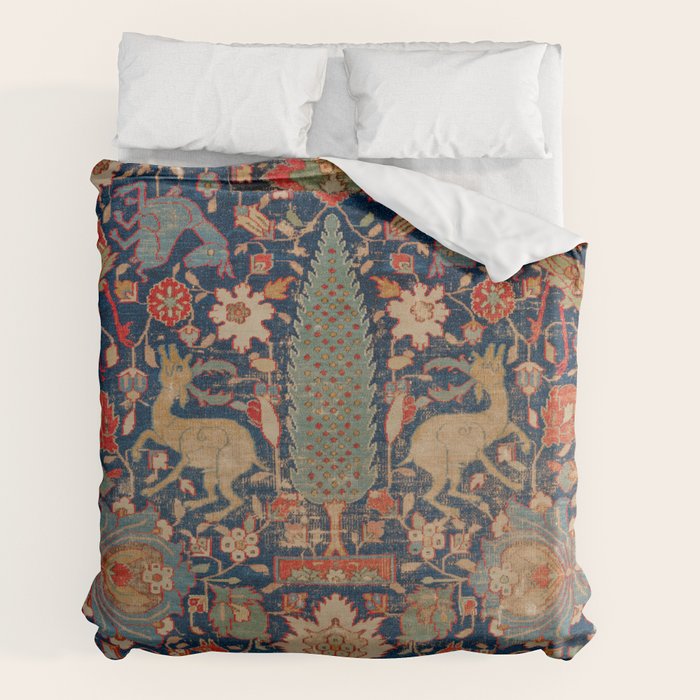 17th Century Persian Rug Print with Animals Duvet Cover