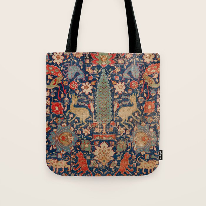 17th Century Persian Rug Print with Animals Tote Bag