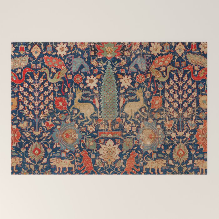 17th Century Persian Rug Print with Animals Welcome Mat