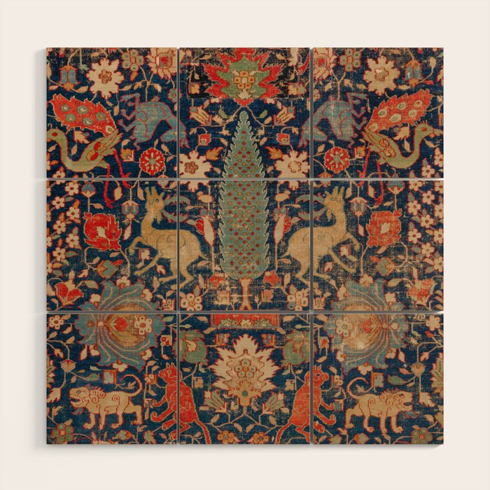 17th Century Persian Rug Print with Animals Wood Wall Art