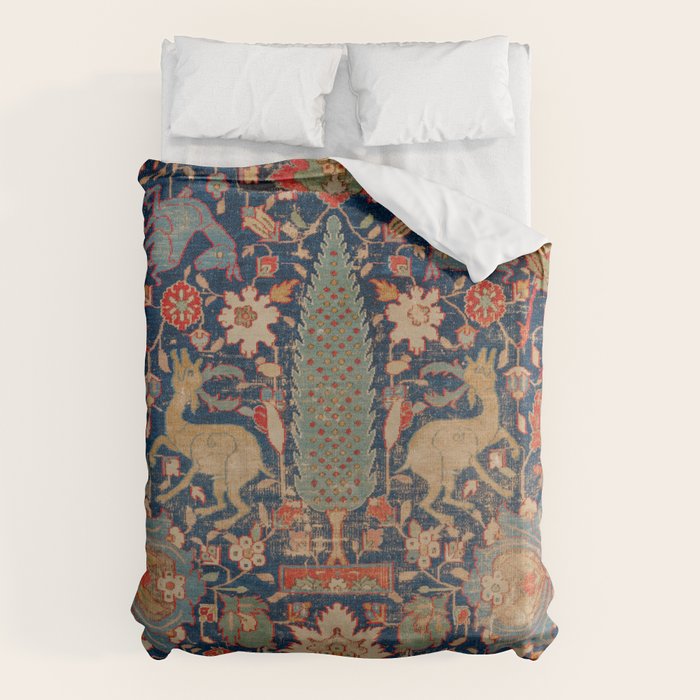 17th Century Persian Rug Print with Animals Duvet Cover