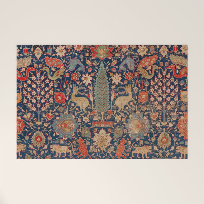 17th Century Persian Rug Print with Animals Welcome Mat