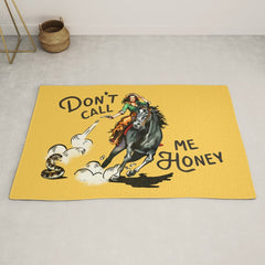 "Don't Call Me Honey" Cowgirl On Horseback Shooting a Rattlesnake Rug