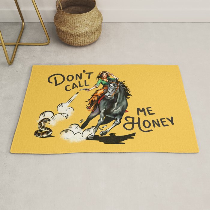 "Don't Call Me Honey" Cowgirl On Horseback Shooting a Rattlesnake Rug