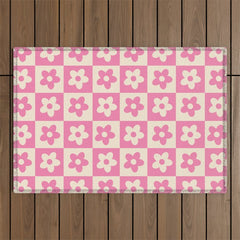 90s checkers flowers cream and pink Outdoor Rug
