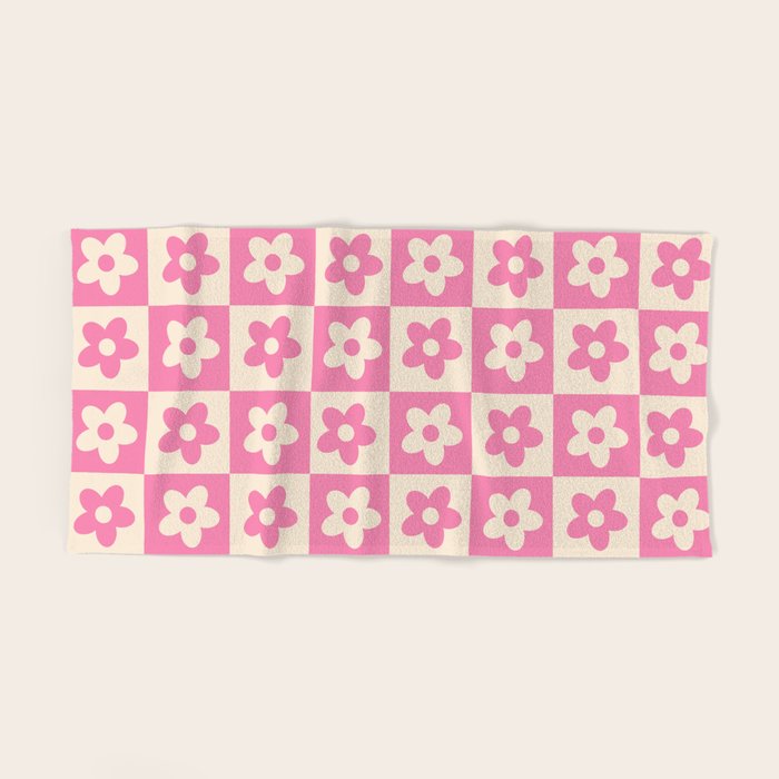 90s checkers flowers cream and pink Bath Towel