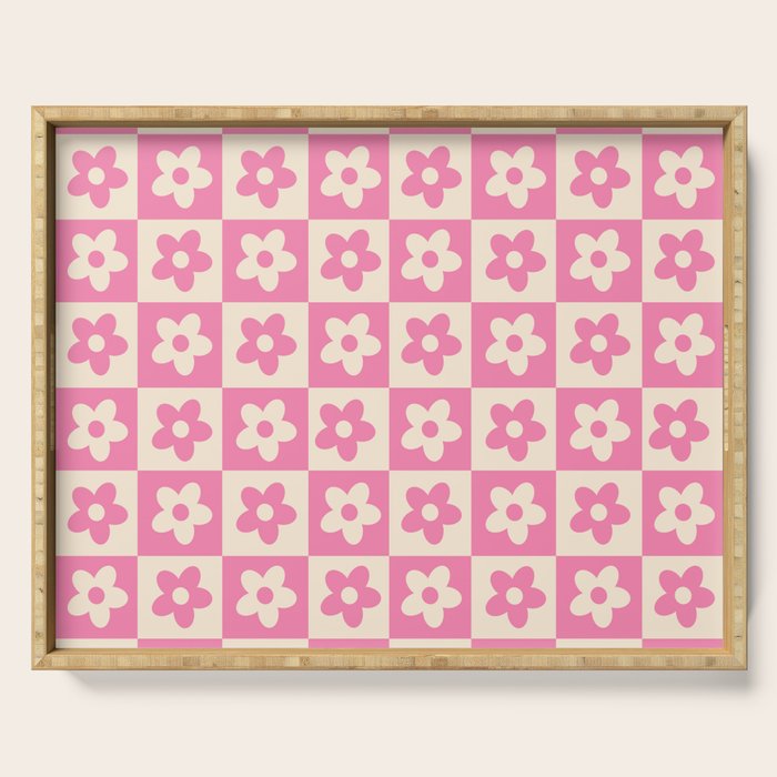 90s checkers flowers cream and pink Serving Tray