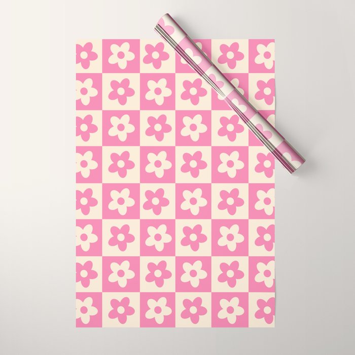 90s checkers flowers cream and pink Wrapping Paper