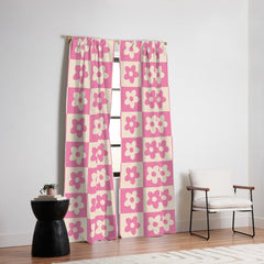 90s checkers flowers cream and pink Window Curtain