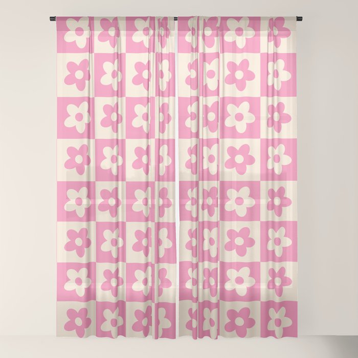 90s checkers flowers cream and pink Window Curtain