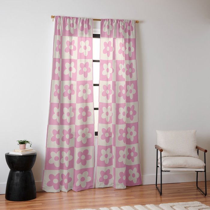 90s checkers flowers cream and pink Window Curtain