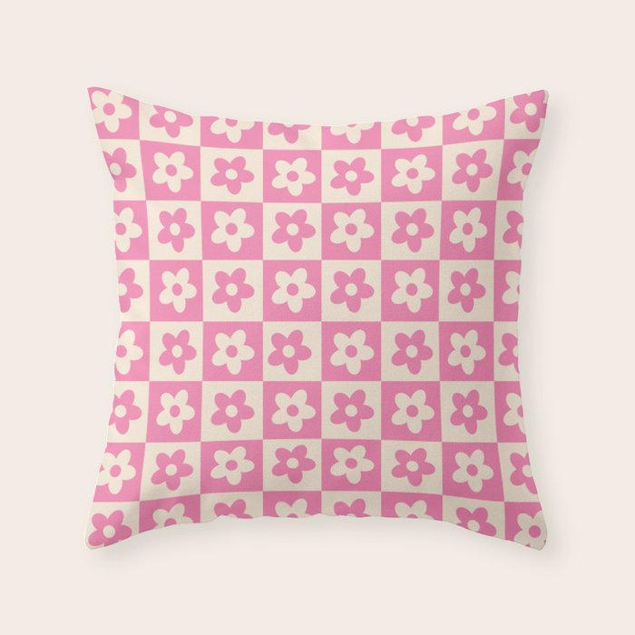 90s checkers flowers cream and pink Throw Pillow