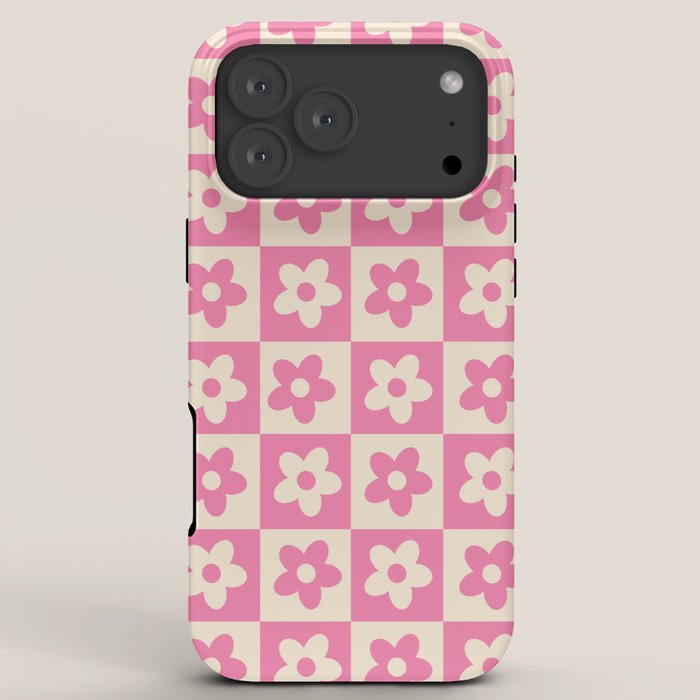 90s checkers flowers cream and pink iPhone Case