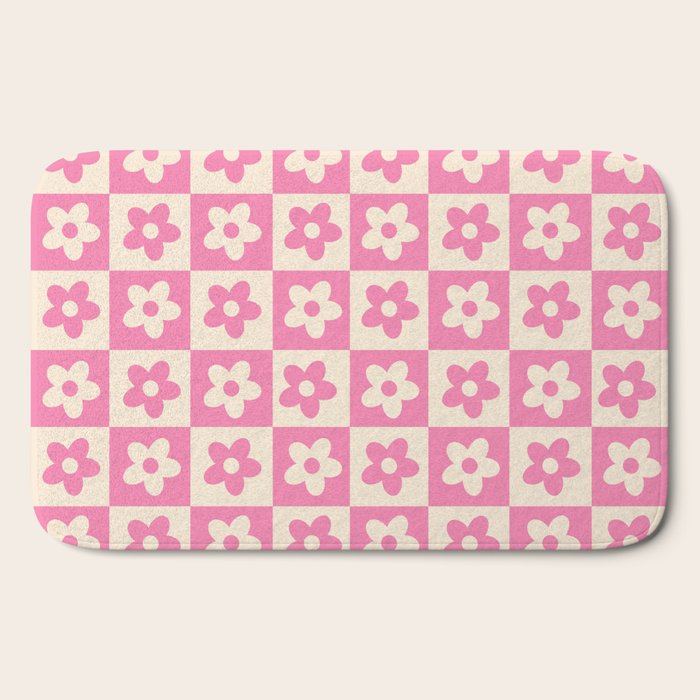 90s checkers flowers cream and pink Bath Mat