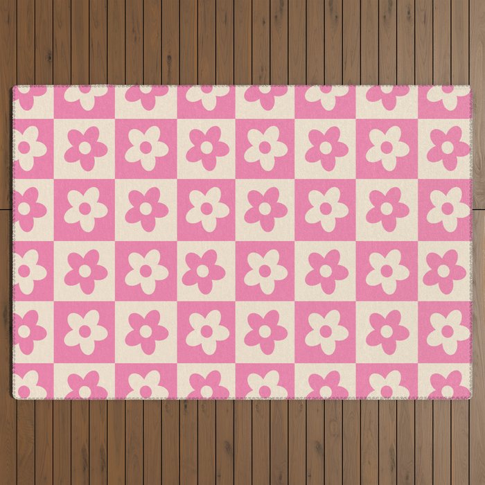 90s checkers flowers cream and pink Outdoor Rug