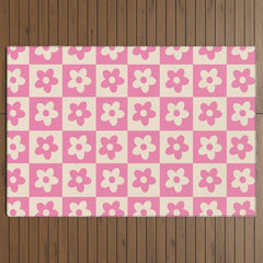 90s checkers flowers cream and pink Outdoor Rug