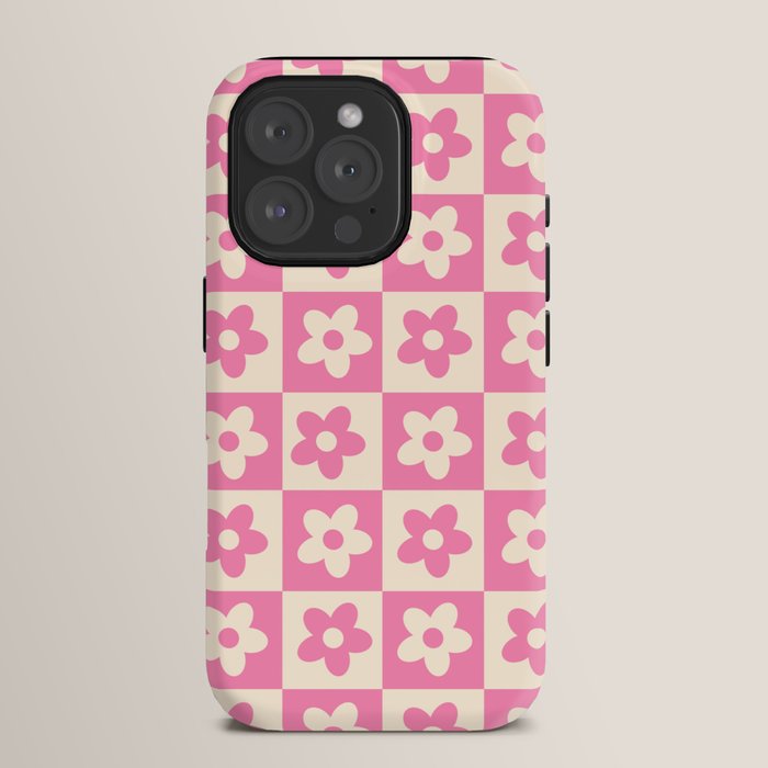 90s checkers flowers cream and pink iPhone Case