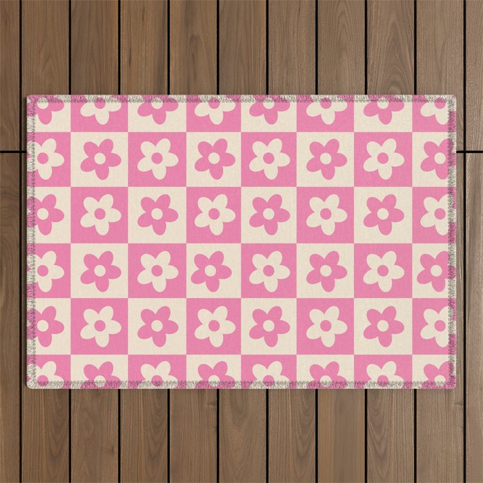 90s checkers flowers cream and pink Outdoor Rug