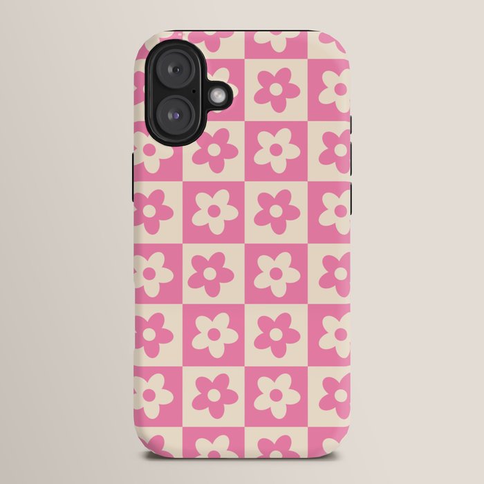 90s checkers flowers cream and pink iPhone Case