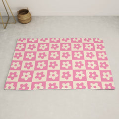 90s checkers flowers cream and pink Rug