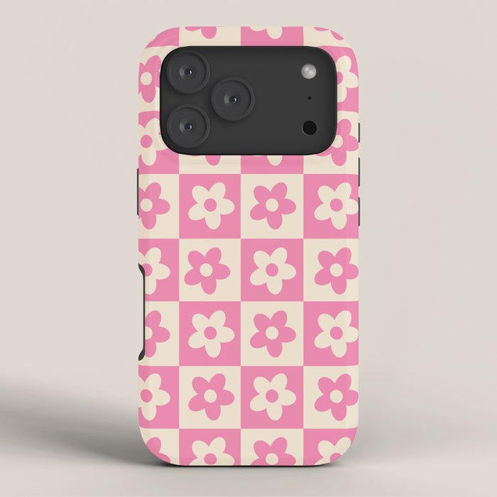 90s checkers flowers cream and pink iPhone Case