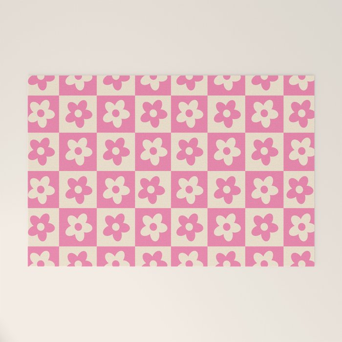 90s checkers flowers cream and pink Welcome Mat