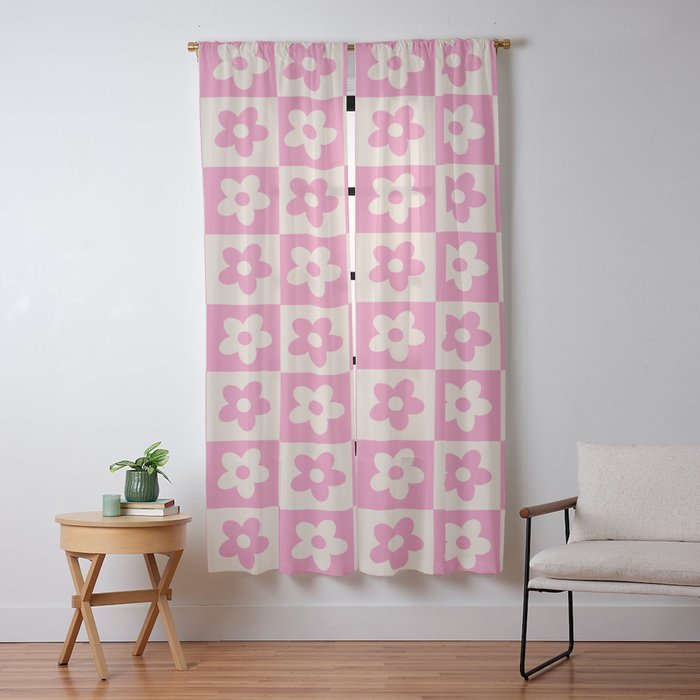 90s checkers flowers cream and pink Window Curtain