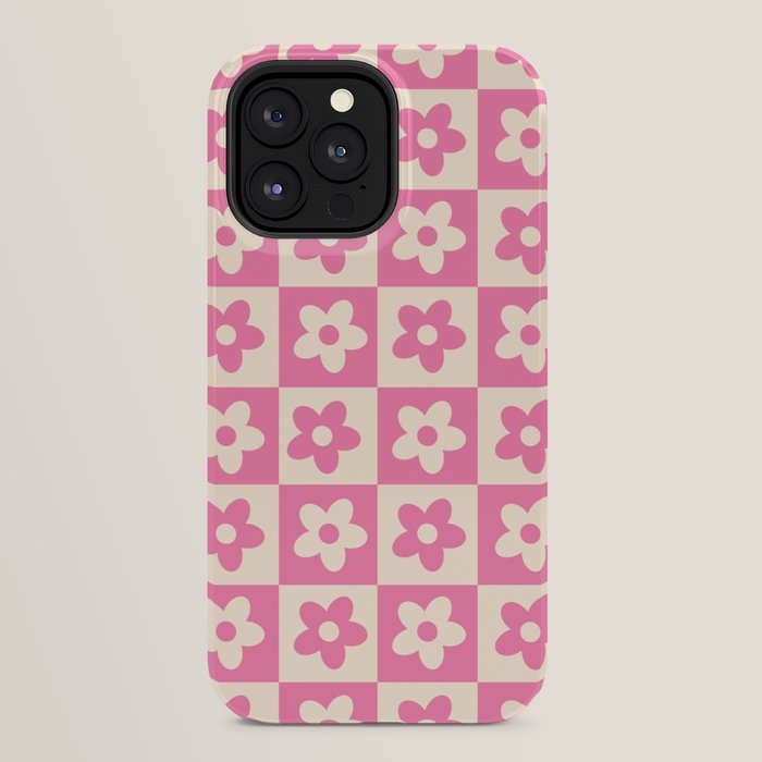 90s checkers flowers cream and pink iPhone Case