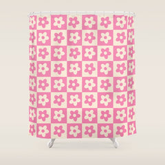 90s checkers flowers cream and pink Shower Curtain