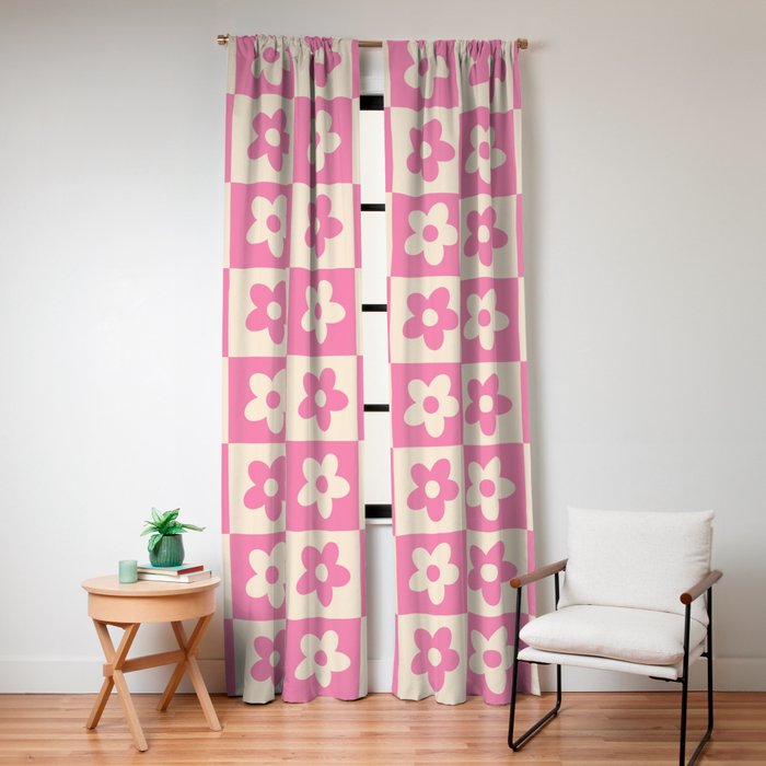 90s checkers flowers cream and pink Window Curtain
