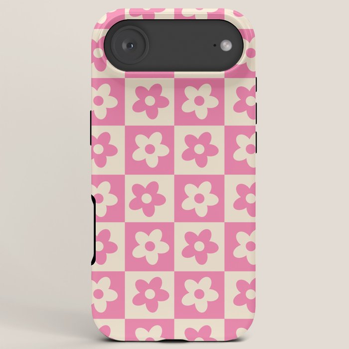 90s checkers flowers cream and pink iPhone Case