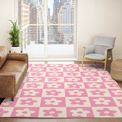 90s checkers flowers cream and pink Rug
