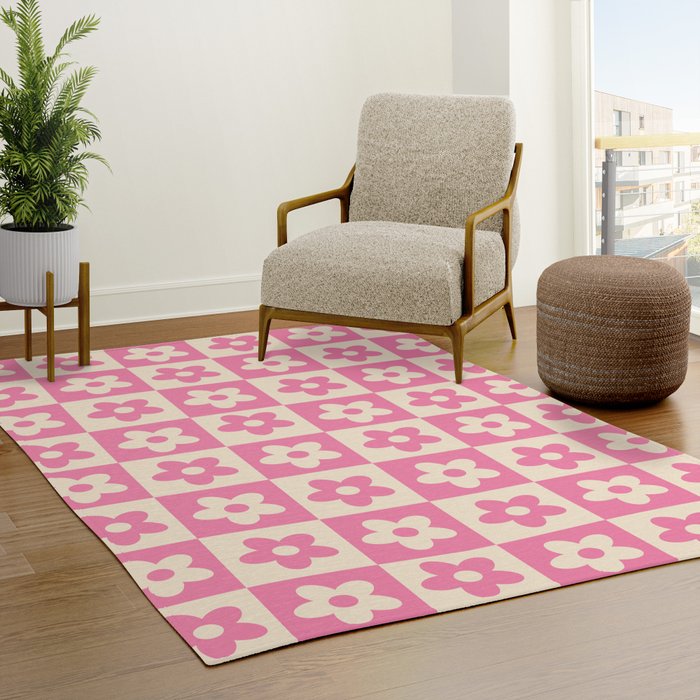 90s checkers flowers cream and pink Rug