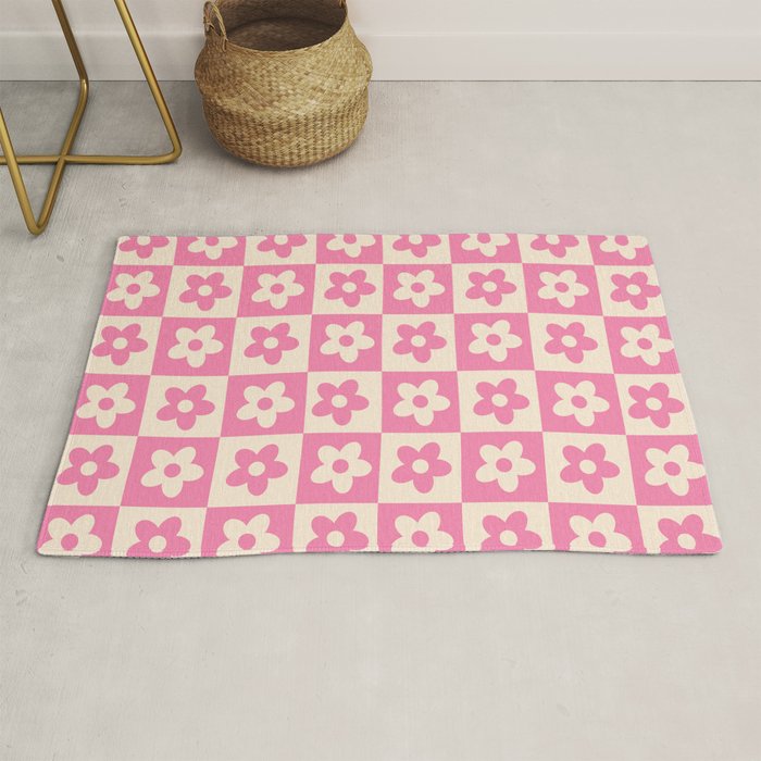 90s checkers flowers cream and pink Rug